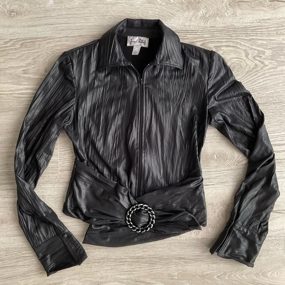 Joseph Ribkoff Jacket Blouse Womens Black Full Zip Faux Leather
